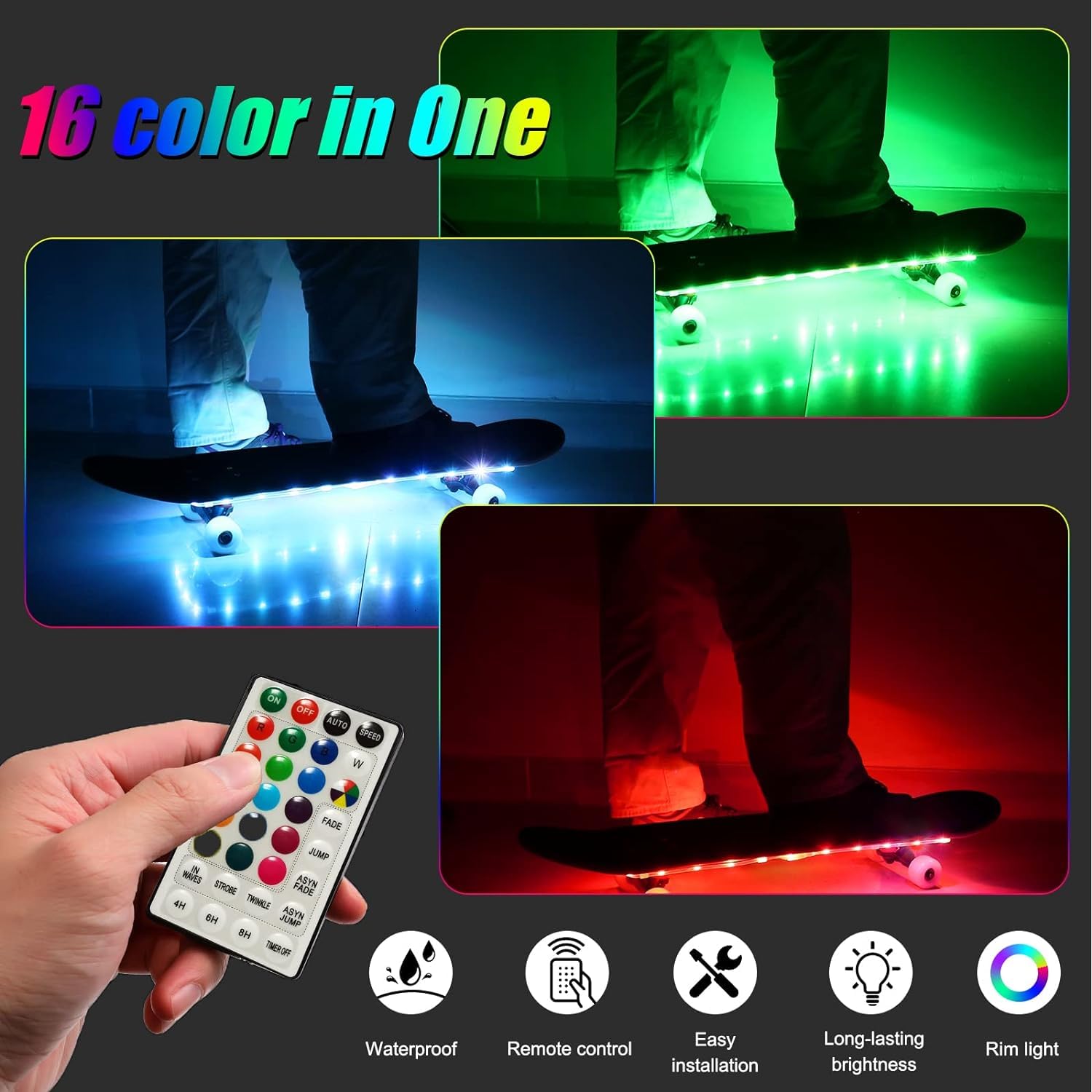 LED Skateboard Light, Remote Control Skateboard Light, Longboard Light, Shortboard Light,16 Color Change by Yourself, Waterproof, Shockproof, Super Bright to Display at Night. Good Gift for Kids