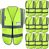 10 Pcs Reflective Safety Vest with Pockets and Zipper High Visibility Vest for Women Men Work, Construction, Cycling