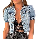 SOMTHRON Women's Cropped Jean Jacket Puff Short Sleeve Button Down Denim Coat Crop Top Outerwear