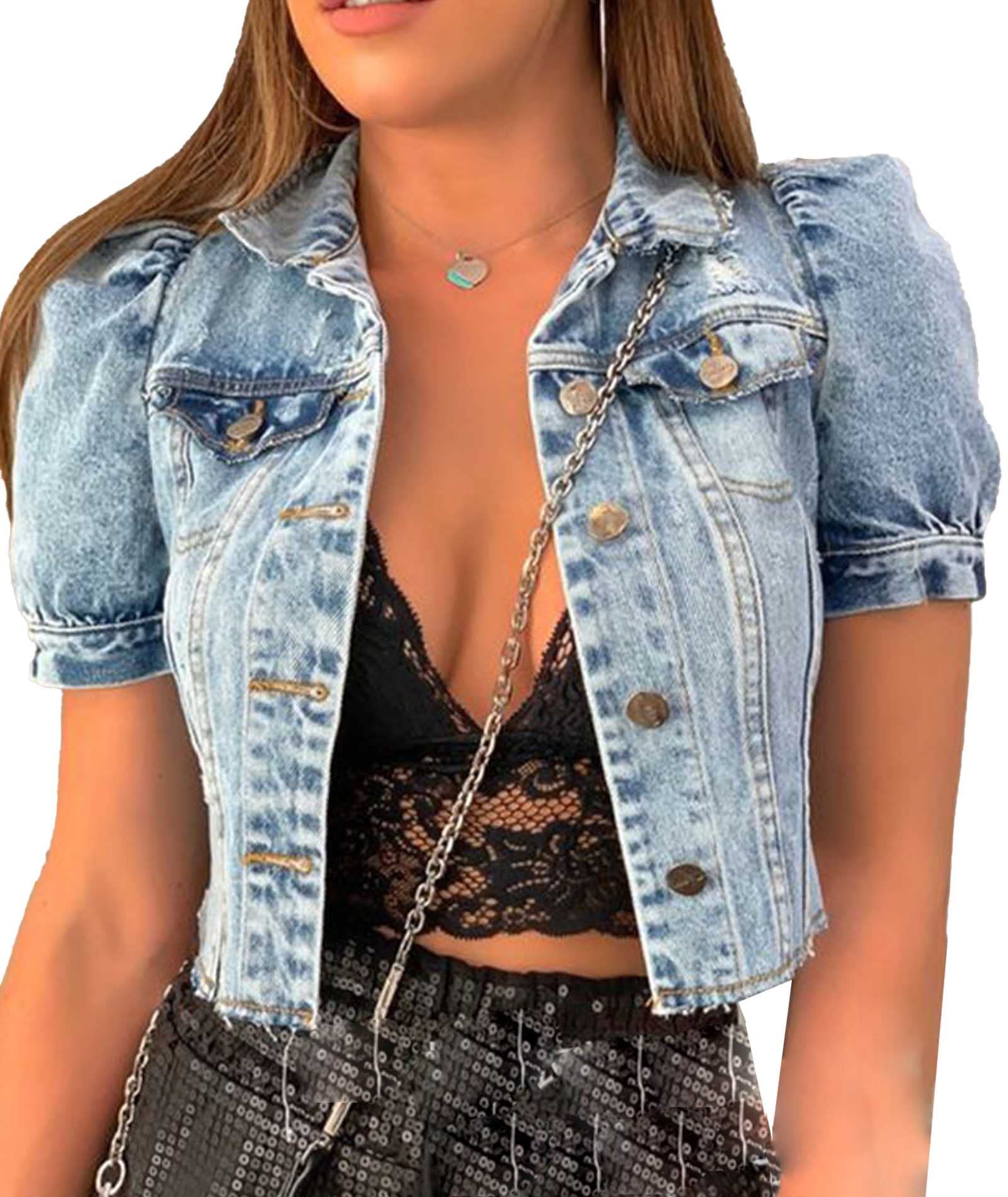 Photo 1 of SOMTHRON Women's Cropped Jean Jacket Puff Short Sleeve Button Down Distressed Denim Coat Crop Top Outerwear BE-L
