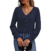 Halife Womens Dressy Casual Blouses Long Sleeve Business Tops Ruffle V Neck Trendy Work Shirts
