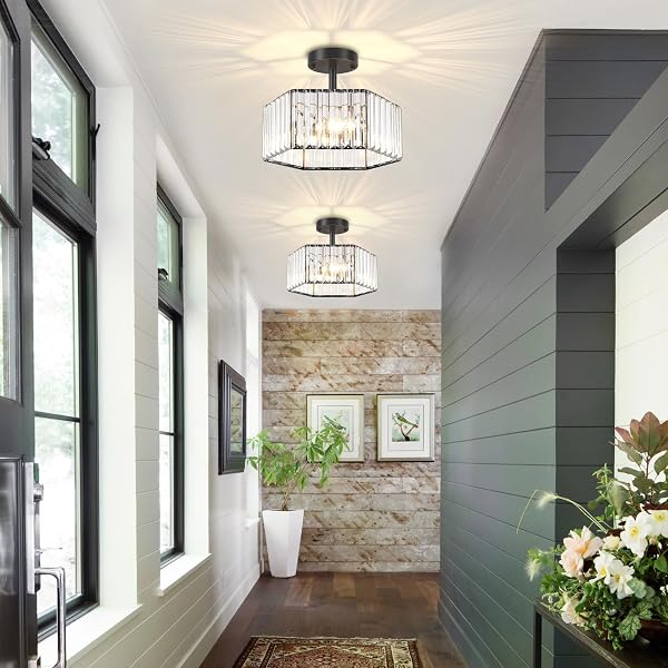 TOULMJ MODERN BLACK SEMI FLUSH MOUNT CEILING LIGHT, 3-LIGHT CRYSTAL ENTRYWAY LIGHT FIXTURE CLOSE TO CEILING KITCHEN LIGHTING, HALLWAY LIGHT FIXTURES FLUSH MOUNT CHANDELIER FOR BATHROOM BEDROOM FOYER