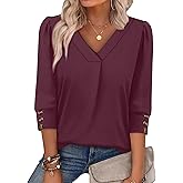 OFEEFAN Womens 3/4 Sleeve Tops with Buttons V Neck Summer Outfits Dressy Casual Blouses for Women Fashion Clothes
