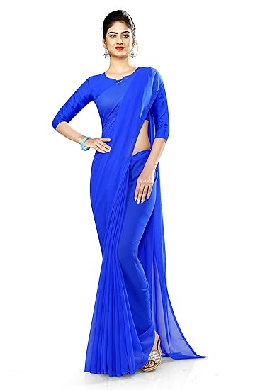 Uniform Sarees Corp Womens Ink Plain Soft Georgette Housekeeping Uniform Saree With Blouse (Blue)