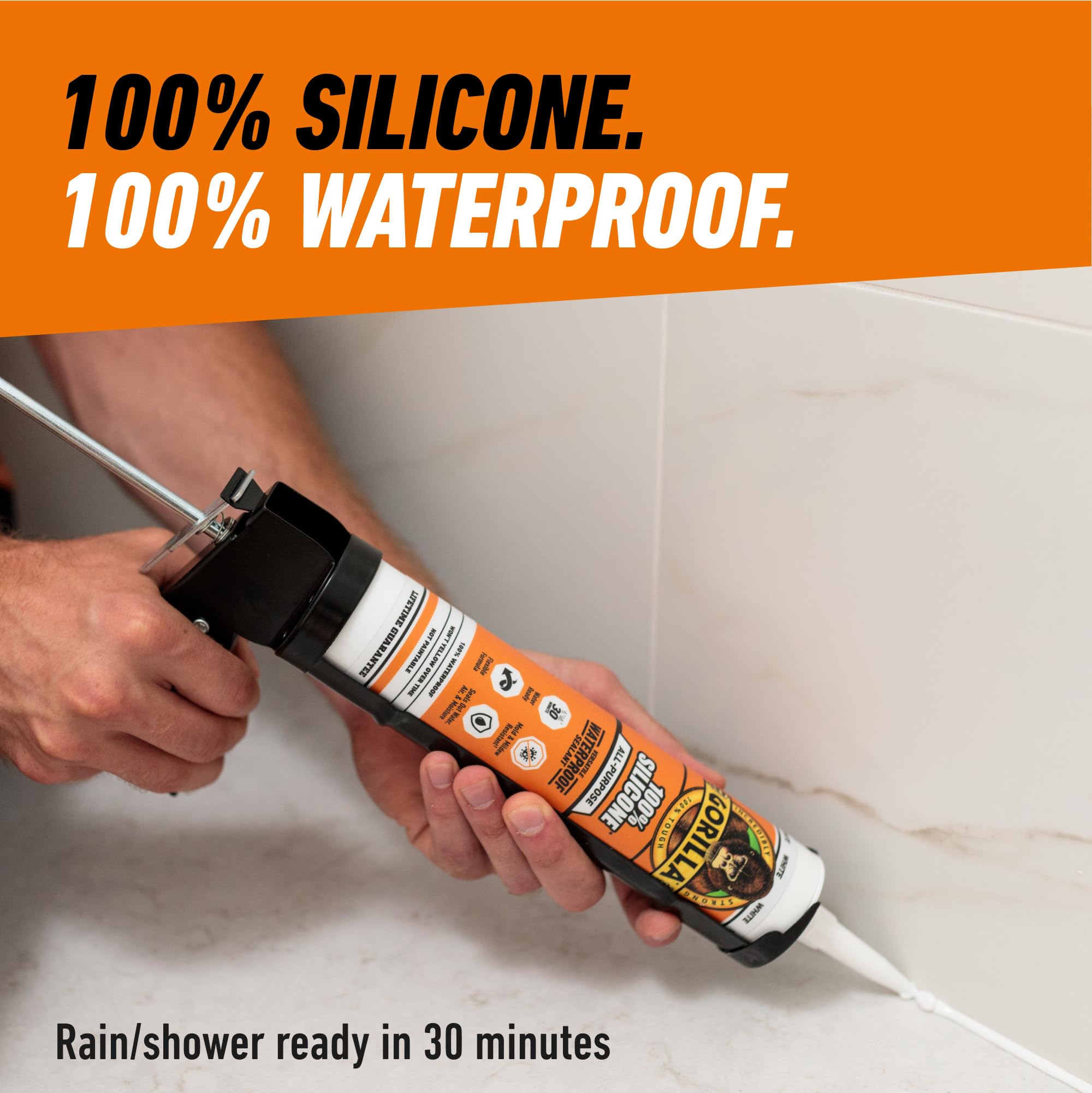 Gorilla Waterproof Caulk & Seal Silicone Sealant, 10oz Cartridge (Pack of 1) - White Caulking Sealant for Kitchen, Window, Bath, Marine, Door and More