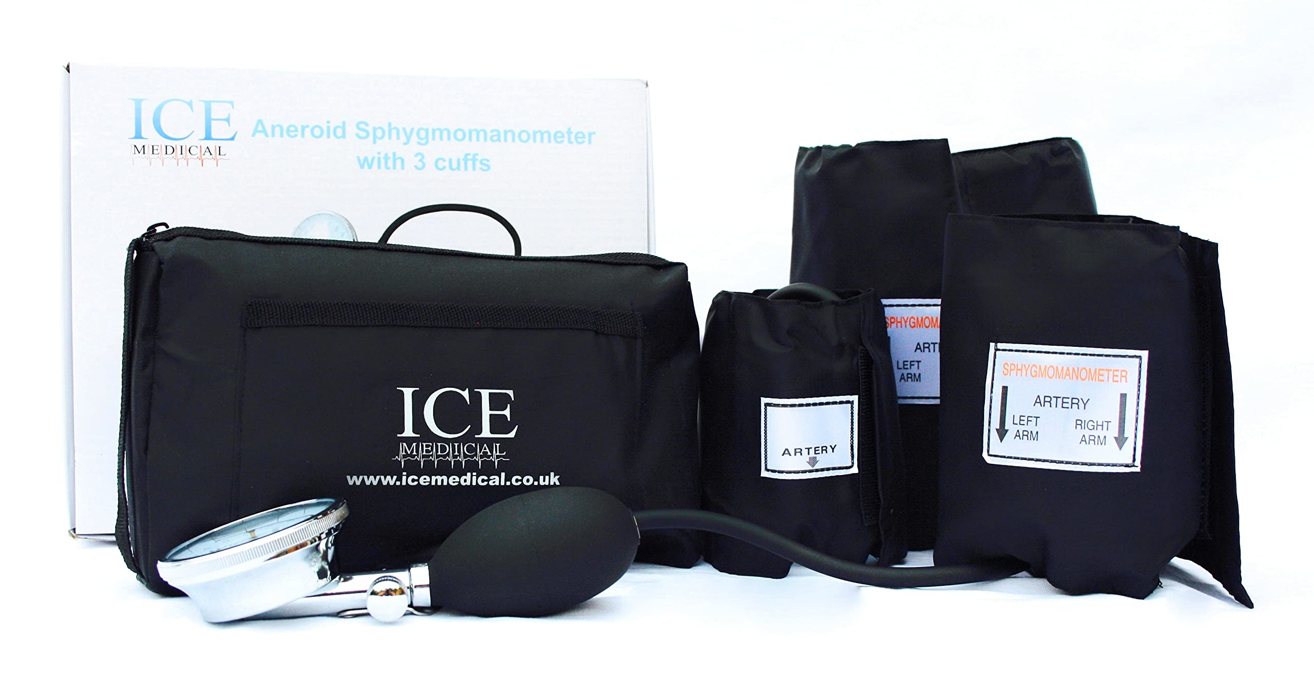 ICE Medical Aneroid Blood Pressure Monitor Kit - Sphygmomanometer 3 Cuffs Included