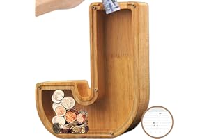 BOALORD Piggy-Bank for Kids Boys Girls Large Piggy Banks 26 English Alphabet Letter,Personalized Wooden,Transparent Money Saving Box Custom Text Name DIY Creative Gift for Real-Money (J)