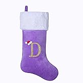 AUAWMLK 20-Inch Christmas Stocking with Embroidered Letter, Thick and Luxurious Purple Velvet with Super Soft Plush Cuff Personalized Festival Decoration for Xmas and New Year Party (Letter D)