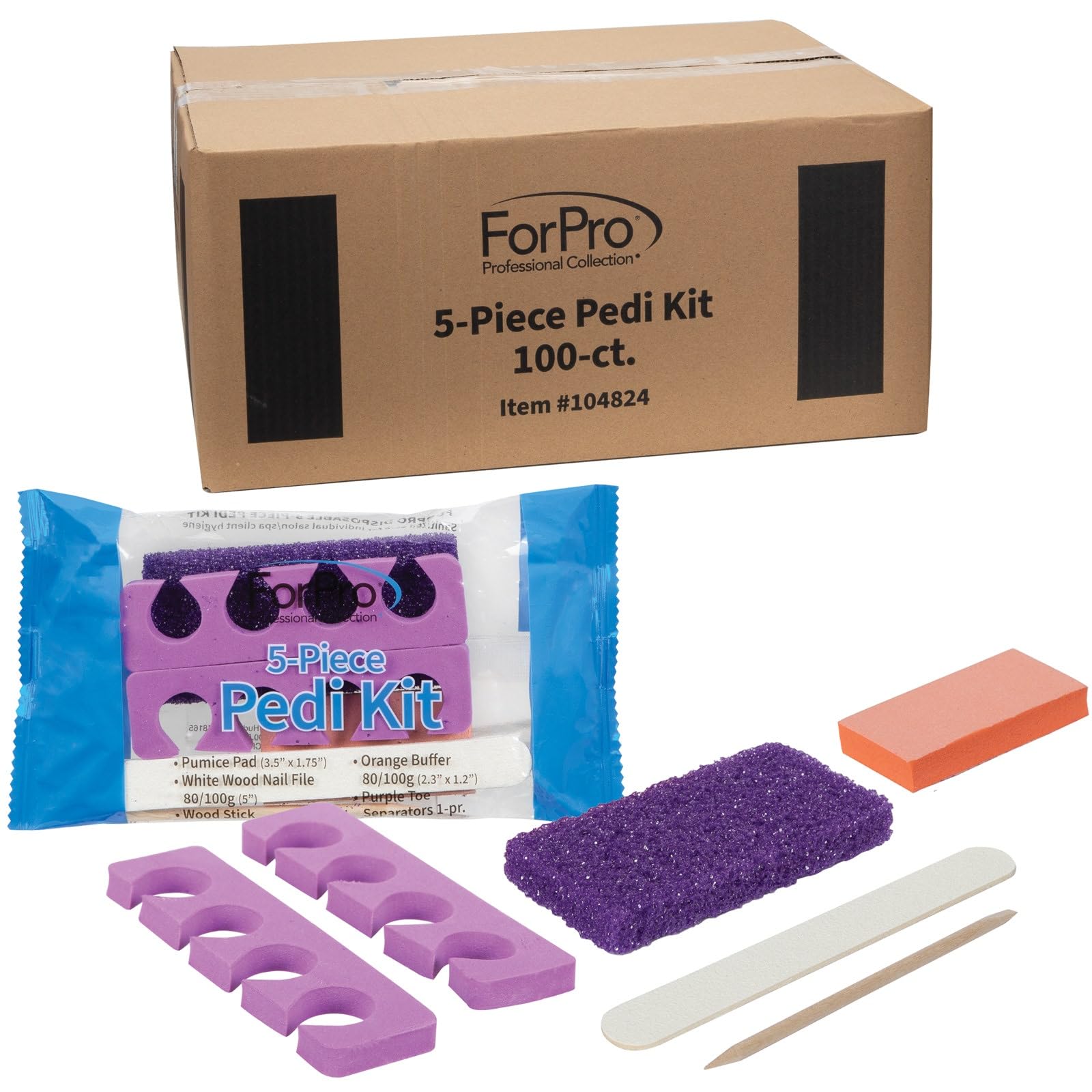 Photo 1 of ****Factory Seal****

ForPro 5-Piece Pedi Kit, 100-Count, Individually-Packed Pedicure Set, Purple Pumice Pad, Wood Nail File 80/100 Grit, Mini Buffer 80/100 Grit, Wood Stick, Toe Separators