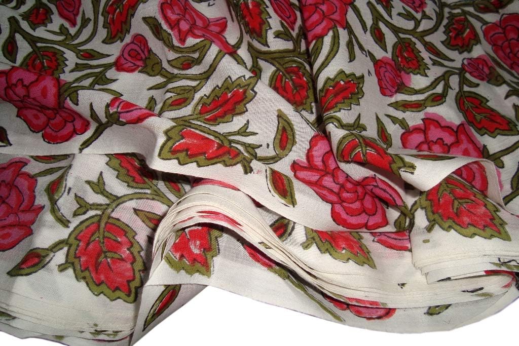 PGS Handicrafts Cotton Jaipuri Floral Printed Dress Running Suit Fabric (Multicolored) (5 Meter, Red)