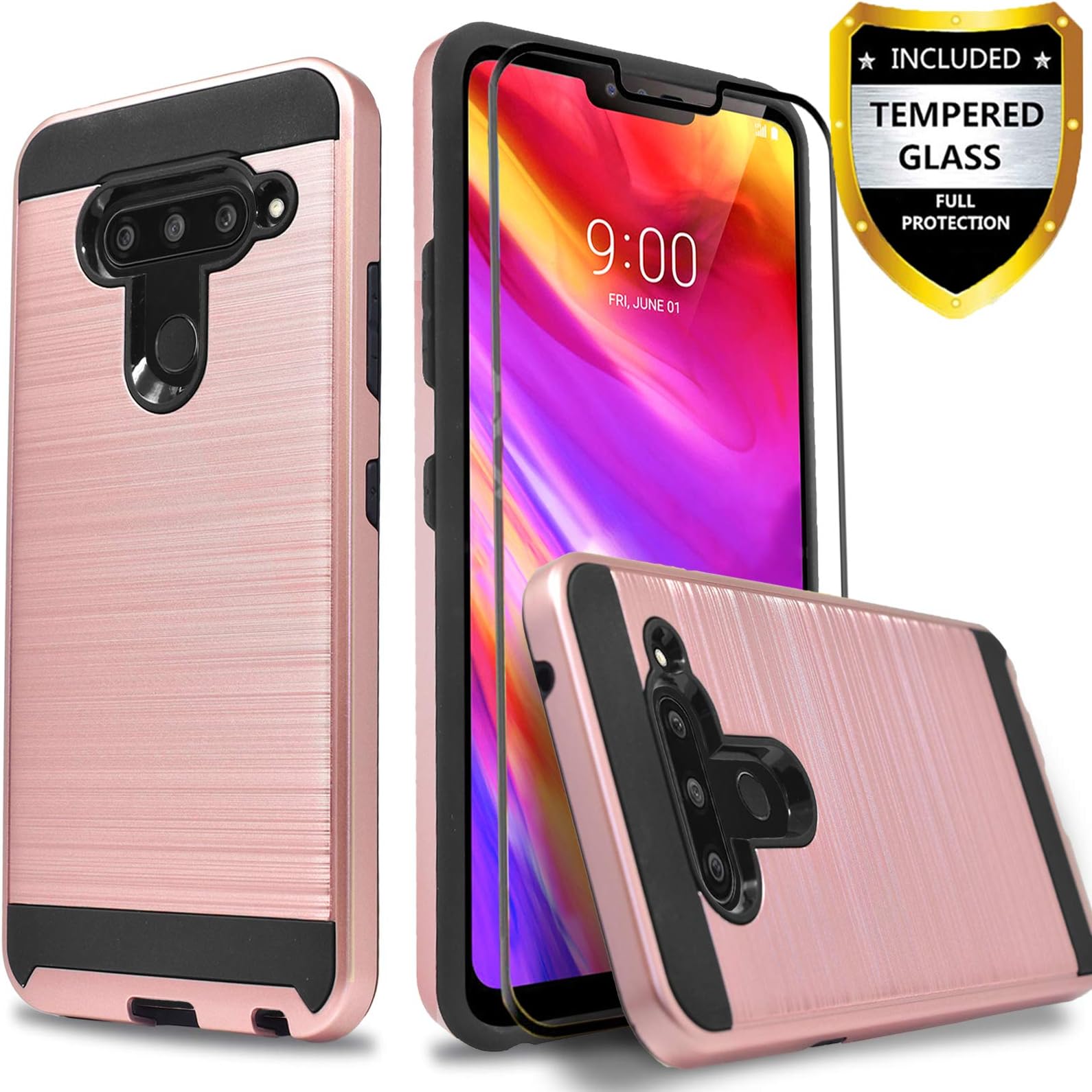 LG V40 ThinQ Case, LG V40 Case, With [Full Cover Tempered Glass Screen Protector] Circlemalls 2-Piece Style Drop Protection Shockproof Rugged Protective Phone Cover And Stylus Pen-Rose Gold
