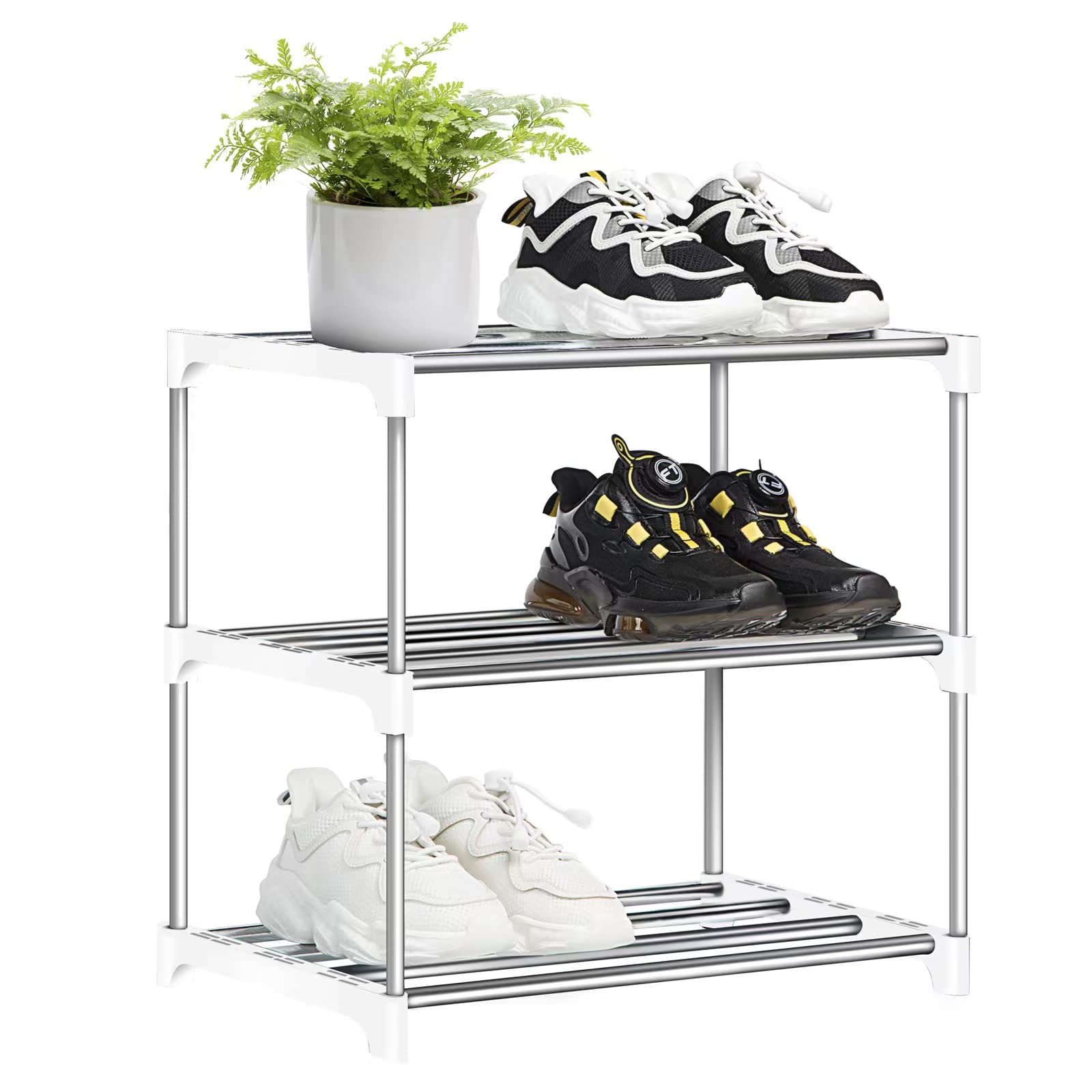 OLYREO 3 Tier White Shoe Rack - Slim Stackable Small Shelf Shoe Storage Organizer for Hallway, Bedroom and Entryway Space Saving