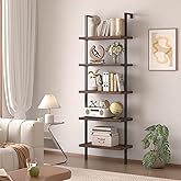 Airynee Ladder Bookshelf, 5 Tier Book Shelf, Wall Mount Bookshelves | Bookcases with Metal Frame, Anti Dump, Tall Bookcase for Living Room, Home Office, Bedroom Walnut