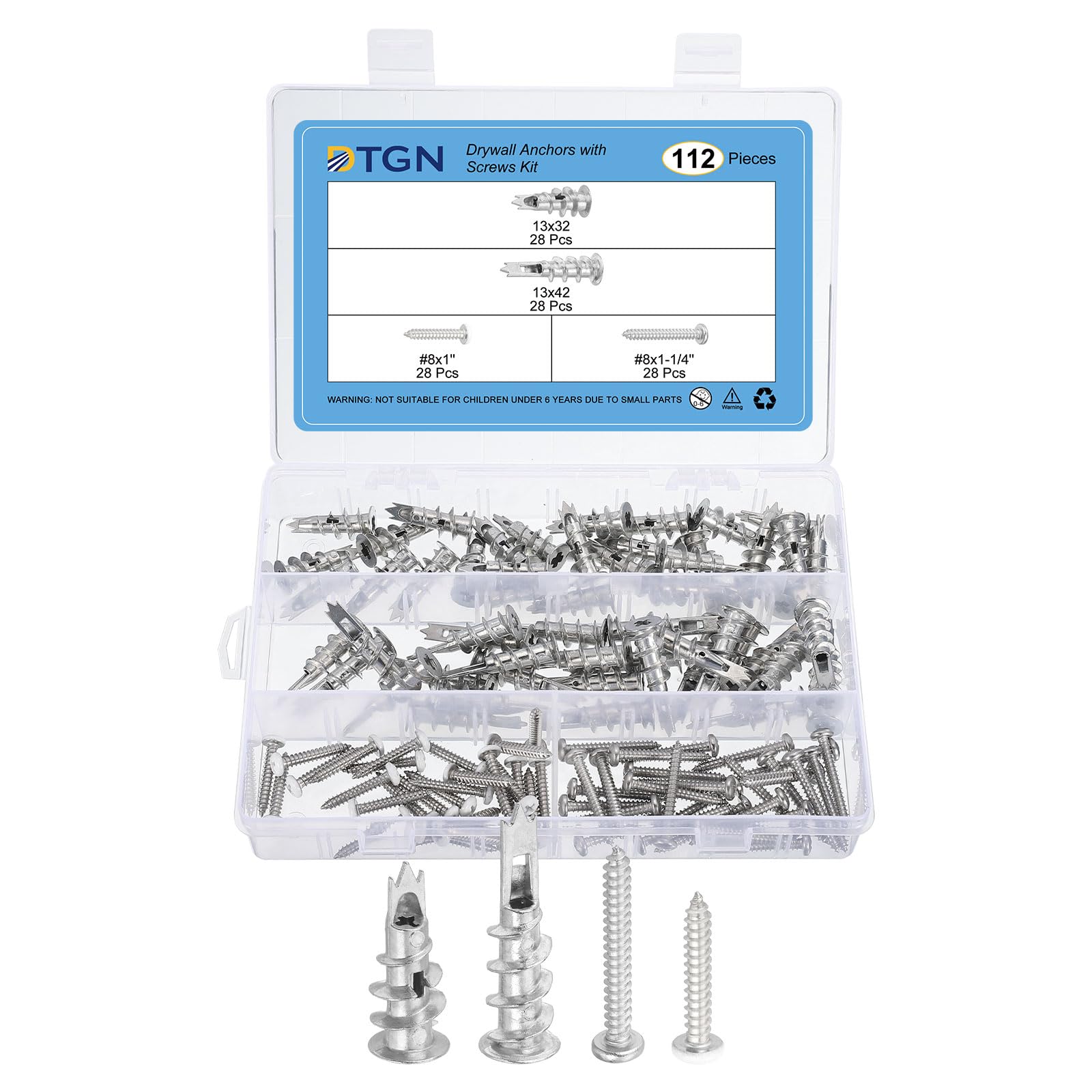 DTGN 13x32mm,13x42mm Self-Drilling Drywall Anchors with Screws Kit - 28 Set - Good for Concrete Tile Cement - Zinc Alloy Hollow Wall Anchors Kit with Screws
