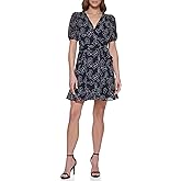 DKNY Womens Flutter Sleeve Asymmetrical Hem Faux Wrap Dress