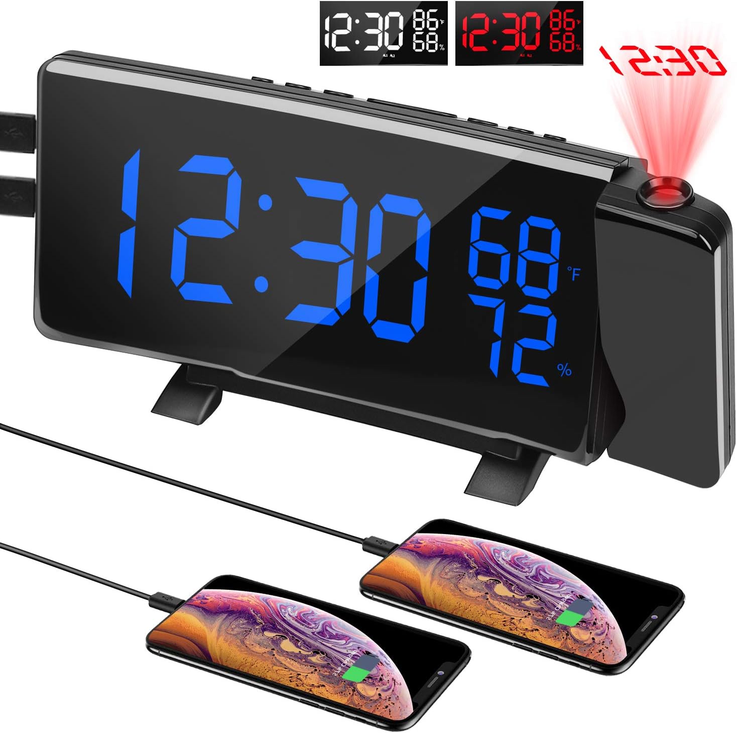 PEMOTech Projection Alarm Clocks for Bedrooms,【Temperature & Humidity Display】 7'' Large Curved LED Display,180° Rotation,FM Radio Digital Alarm Clock Projection on Ceiling with 2 USB Phone Charger