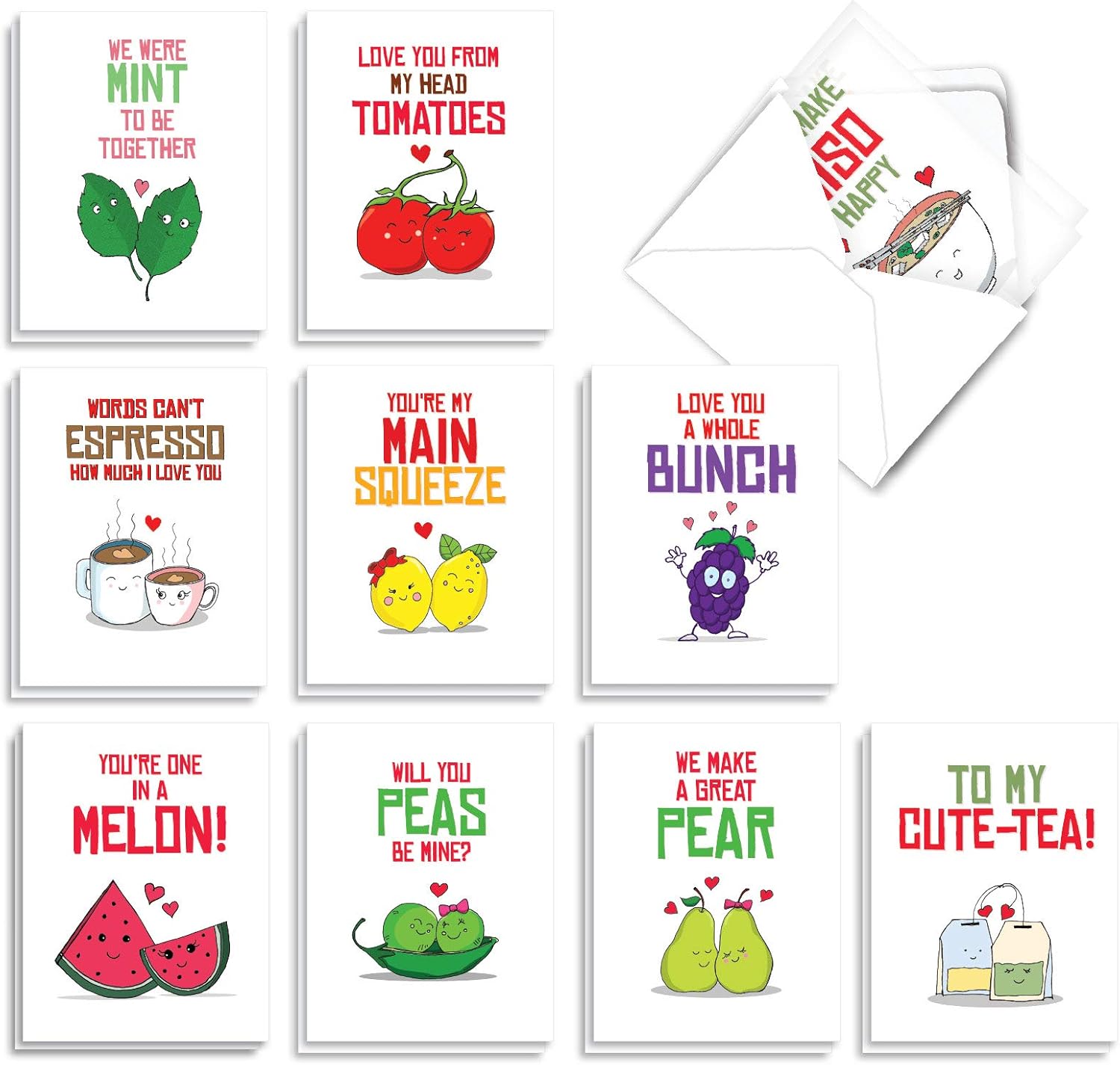The Best Card Company - 20 Note Cards Blank Assortment (4 x 5.12 Inch) (10 Designs, 2 Each) - Yummy Puns AM5659OCB-B2x10