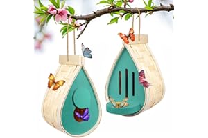 TRYITSBEST 2 Pcs Butterfly House and Feeder for Outdoors,Wooden Hanging Butterfly Habitat with Puddler, Butterflies Growing Kit for Bugs, Butterflies, Moths, Lacewings