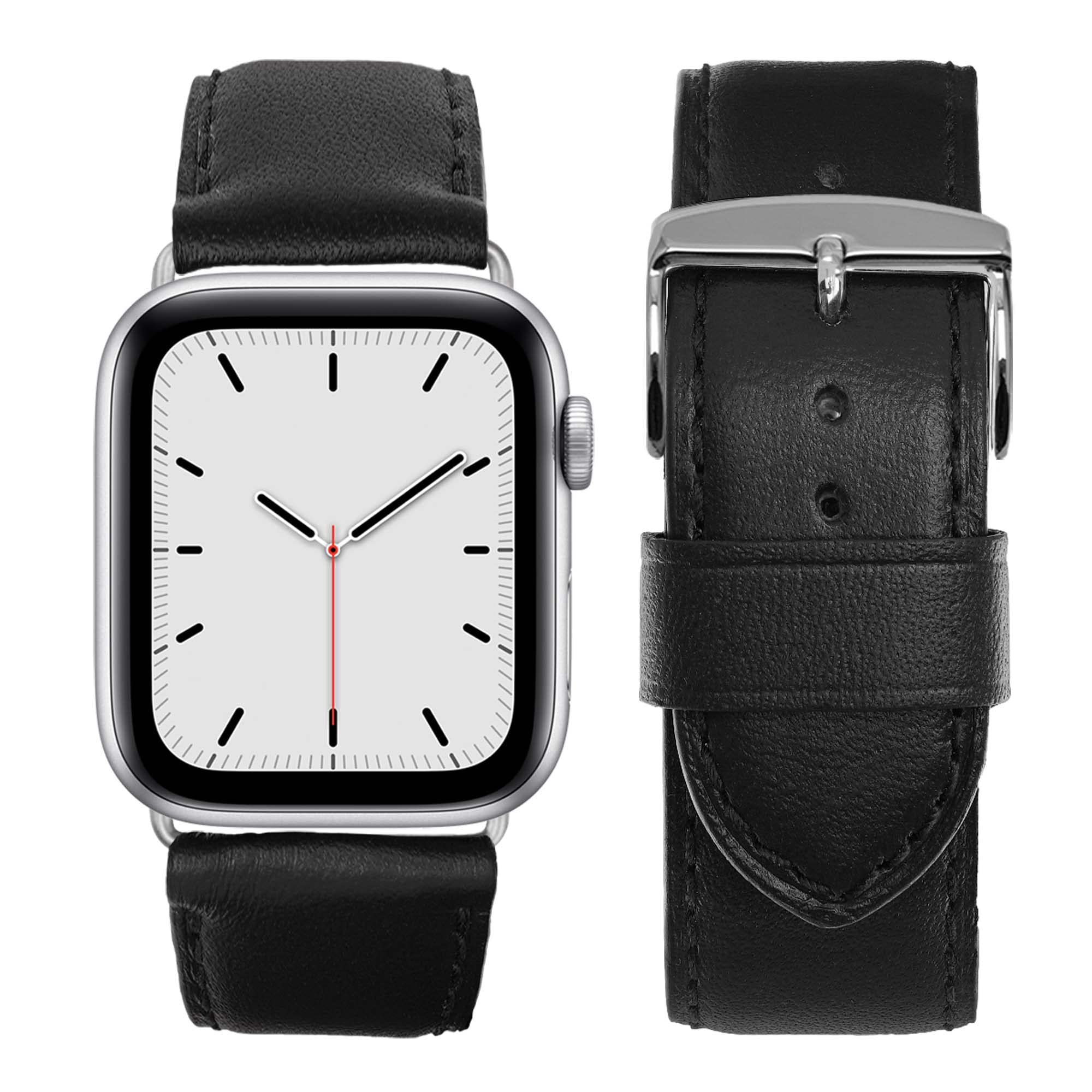 Eternel - Apple Watch Compatible Holi Black Band 38/40/41mm Aluminum Silver/Starlight Adapters - Handmade French Cowhide Leather - Compatible with all Apple Watch