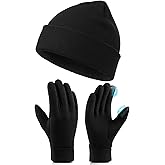 Braventure Winter Gloves Beanie Hat Set: Men Women Polar Fleece Touchscreen Gloves Skull Cap Set for Cold Weather Black Grey