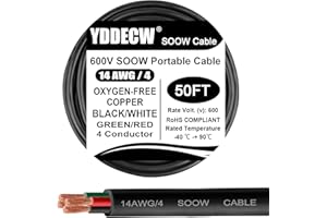 YDDECW 50ft 14/4 14 AWG Portable Power Cable (4 Conductor) - SOOW 600V 14 Gauge Electric Wire for Motor Leads, Portable Lights, Battery Chargers and Machinery - 4 Conductor - 50 Feet Electrical Cord