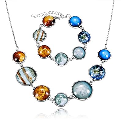 Mowom 2pcs Multicolor Alloy Necklace Bracelet Gemstone Solar System The Seven Planets Adjustable Set