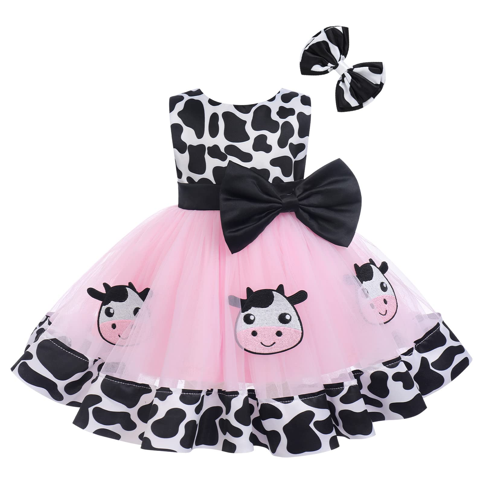 Photo 1 of Newborn Toddler Baby Girl Green Christmas Outfits 2PCS Halloween Cow Princess Birthday Tea Party Tutu Dress Bow Cake Smash Layer Tulle Tutu for Photo Shoot Pink-Cow 2-3 Years
