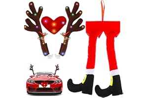 Frienda 2 Pcs Car Reindeer Antler Kit Christmas Decorations with LED Lights Hanging Santa Claus Legs and Deer Nose Star Candy Canes Auto Accessories for Christmas Car Decorations (Cute Style)