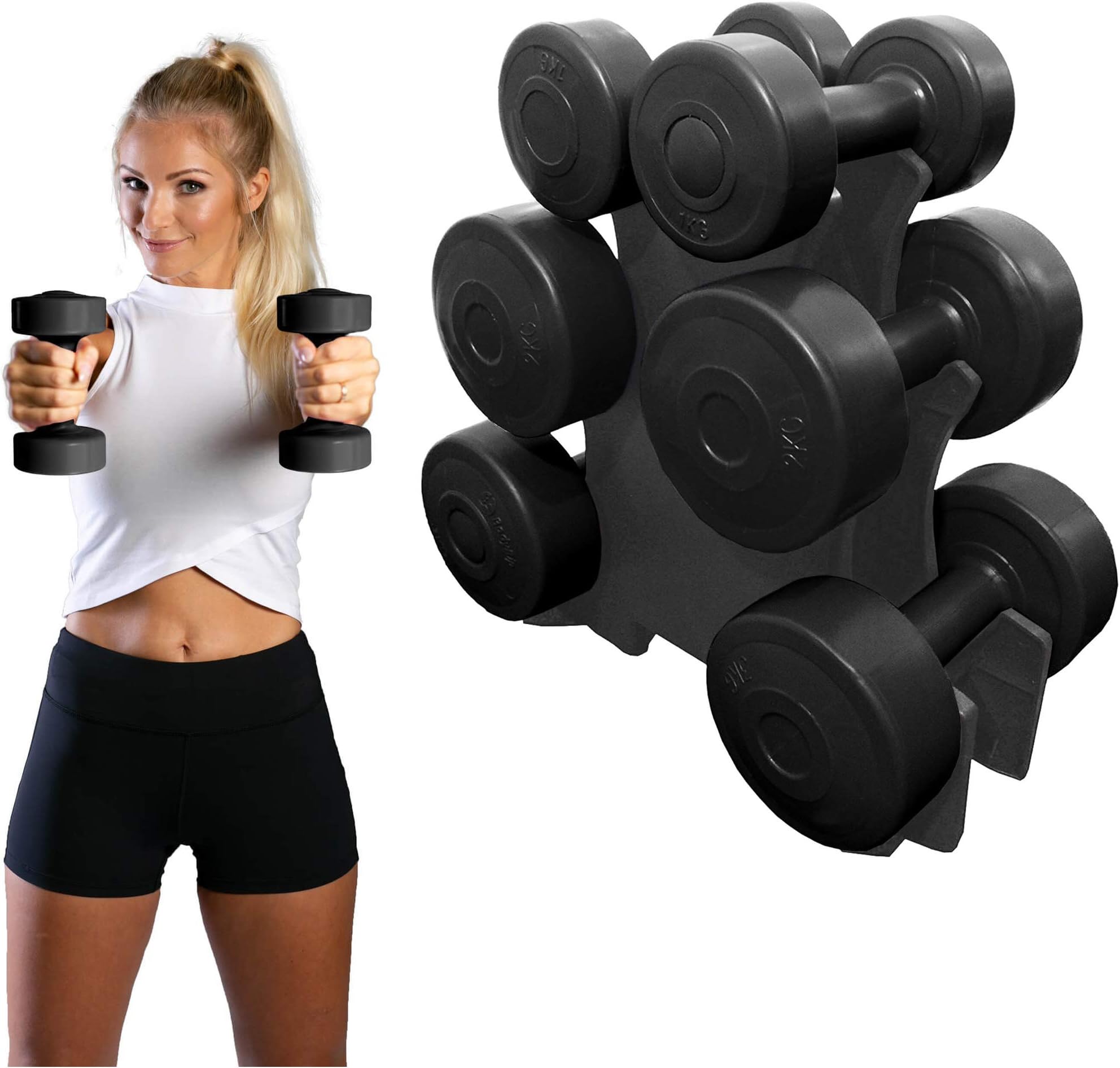 Azure Dumbbell Set Vinyl Hand Weights - 1kg 2kg & 3kg Pairs with Rack Stand