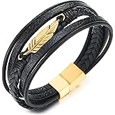 COOLSTEELANDBEYOND Mens Women Steel Gold Color Feather Multi-strand Black Braided Leather Bangle Bracelet