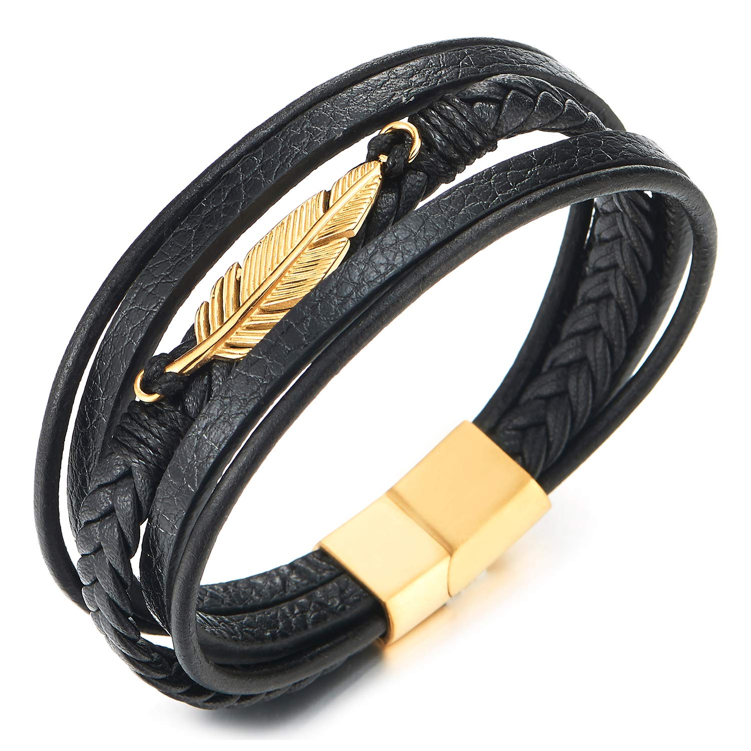 COOLSTEELANDBEYOND Mens Women Steel Gold Color Feather Multi-strand Black Braided Leather Bangle Bracelet