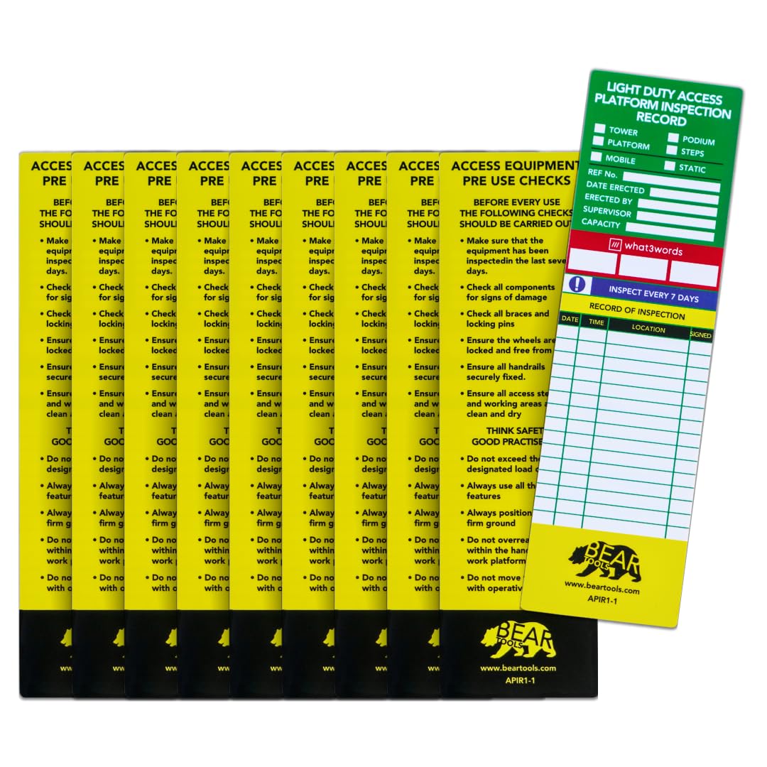BearTOOLS Platform Safety Tag Inserts (10 Pack) – Weatherproof, Clear, Accessible Records for Moving & Stationary Platforms – For Scaffolding, Ladders, Towers