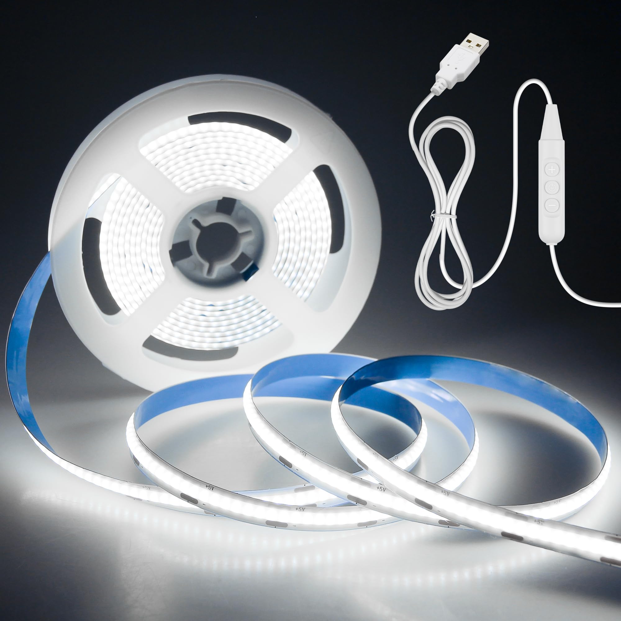 Aclorol 5V USB COB LED Strip 3M 8mm Width Flexible LED TV Backlights Daylight White 6000K COB LED Tape Light Ultar-Bright for Under Cabinet Wardrobe Living Room DIY Lighting Project 320LEDs/M