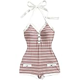 Verdusa Women's Striped Halter Romper Casual Summer Sexy Romper Short Date Night Outfits