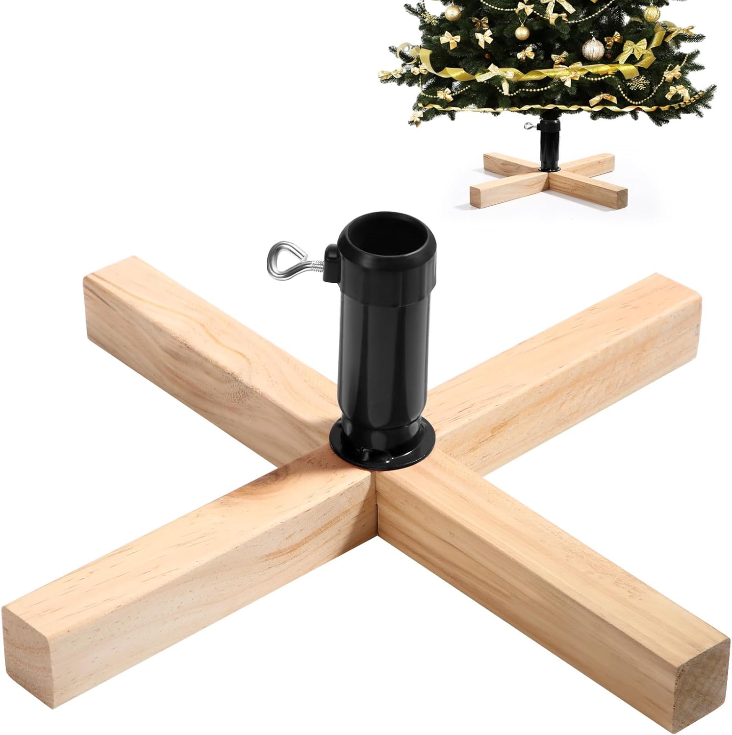Tree Stands - Soaoo Wood Christmas Tree Stand 15.7 Inch Replacement Xmas Tree Stand Base Stable Fake Christmas Tree Base with Thumb Screw Adjustable Fits 0.5 to 1.26 Inch Tree Pole for Artificial Tree (Black Pole)
