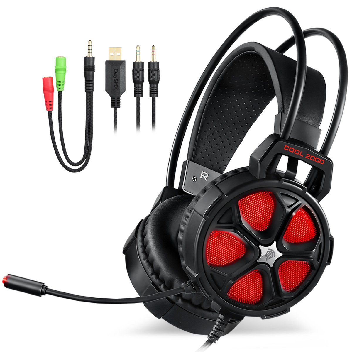 Gaming Headset, EasySMX COOL 2000 Over Ear Stereo Gaming Headphone with Mic and Volume Control, Y Splitter Cable, for PC/MAC/NEW Xbox One/PS4/Smartphone/Nintendo Switch (Black and Red)
