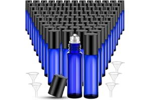 SEEWEY 96 Pcs Essential Oil Roller Bottles 10ml Empty Glass Roller Bottles with Stainless Steel Balls Protection Leakproof with 5 Funnel for Travel Perfume Lip Gloss(Blue)