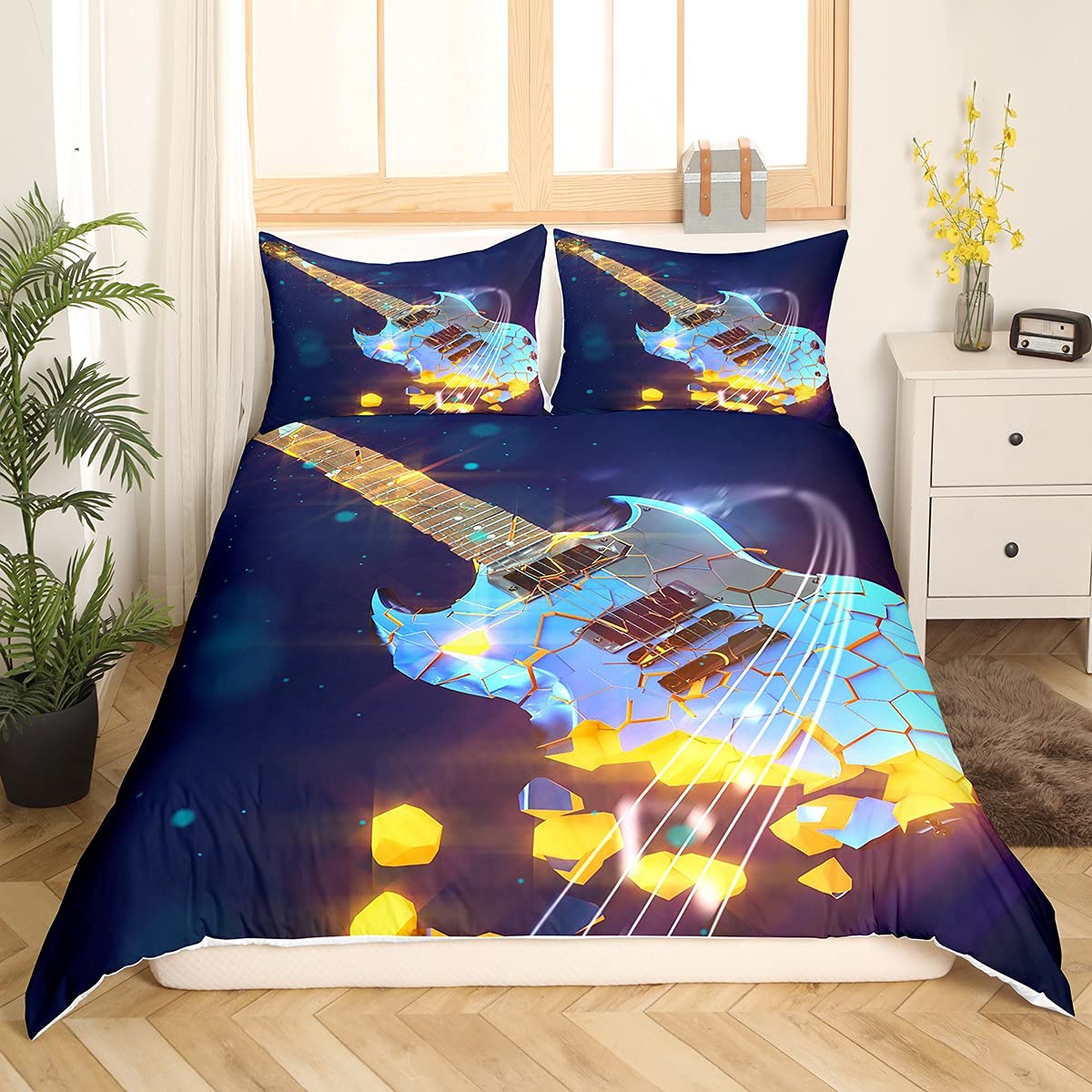 For Teenagers with Duvet Cover for Boys and Girls Guitar Rock 3D Print Instrument Duvet Cover Custom Blue Gold Cool