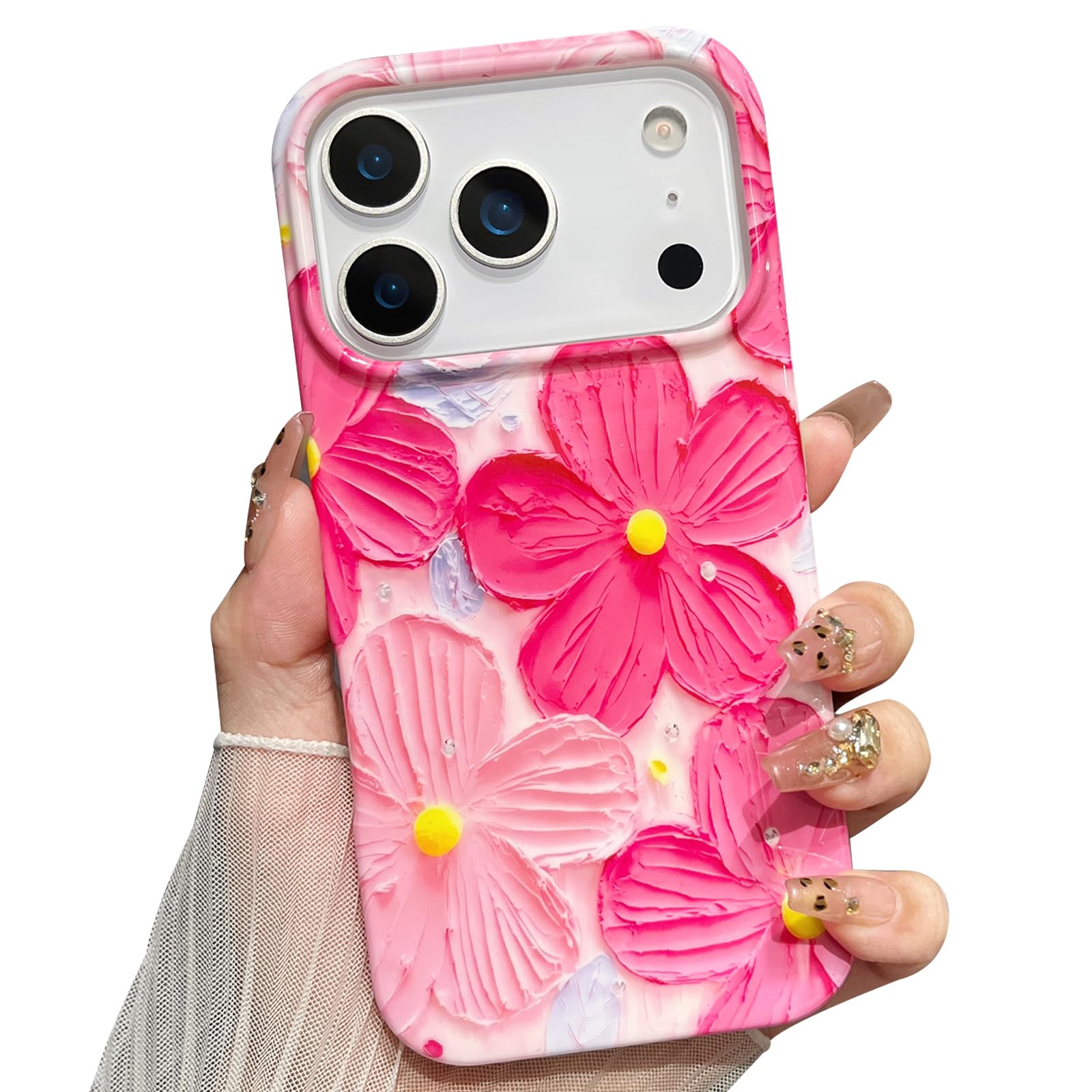 Jmltech for iPhone 17 Pro Max Case Flowers Women Girly Aesthetic Sparkle Cute Floral with Phone Strap Charms Wristlet Oil Painting Shockproof Protective Phone Cases for iPhone 17 Pro Max Hot Pink