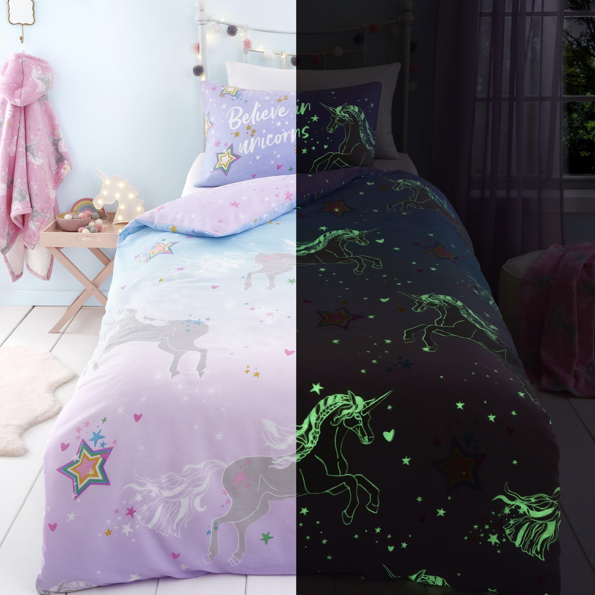 Bedlam Glow in the Dark Unicorn Duvet Cover – Double Size 200x200cm – Reversible 2 Designs – Magical Pink & Lilac Bedding for Girls – 2 Pillowcases – Star & Unicorn Themed Quilt Cover Set