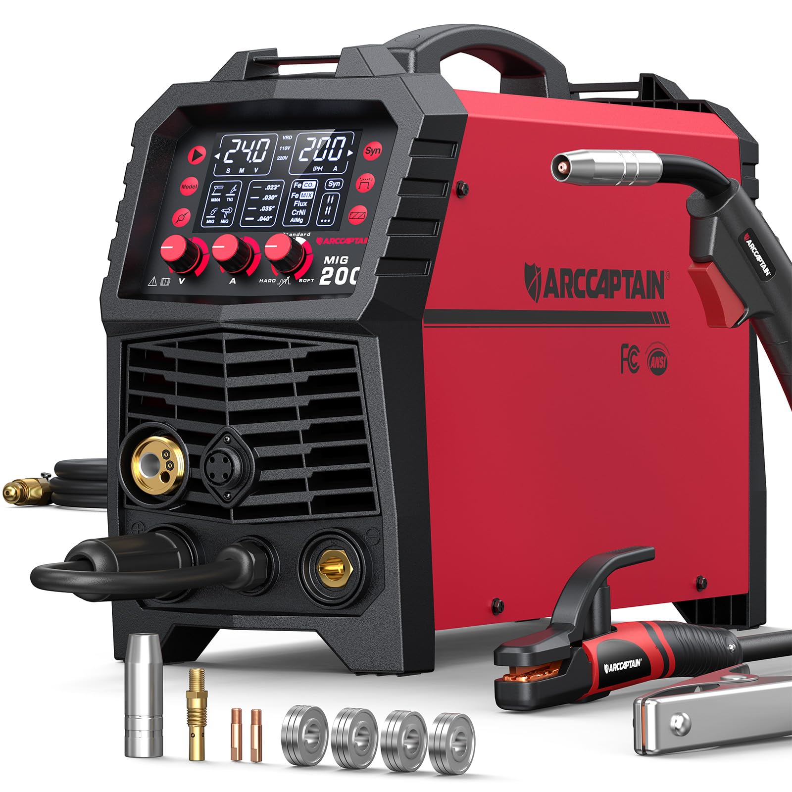 ARCCAPTAIN MIG Welder, 200Amp 6 in 1 Gas MIG/Gasless Flux Core MIG/Stick/Lift TIG/Spot welding/Spool Gun 110V/220V Aluminum Multi Process Welding Machine with LED Digital Display, Burn Back Adjustment Image