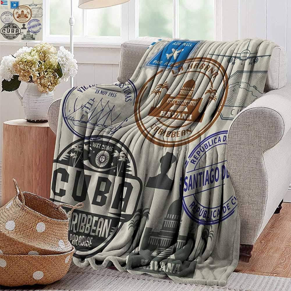 PearlRolan Printed Blanket,Havana,Travel Concept Passport Stamp Design of Cuban Cities and Landmarks,Cobalt Blue Grey and Dimgrey,300GSM,Super Soft and Warm,Durable Throw Blanket 30"x40"
