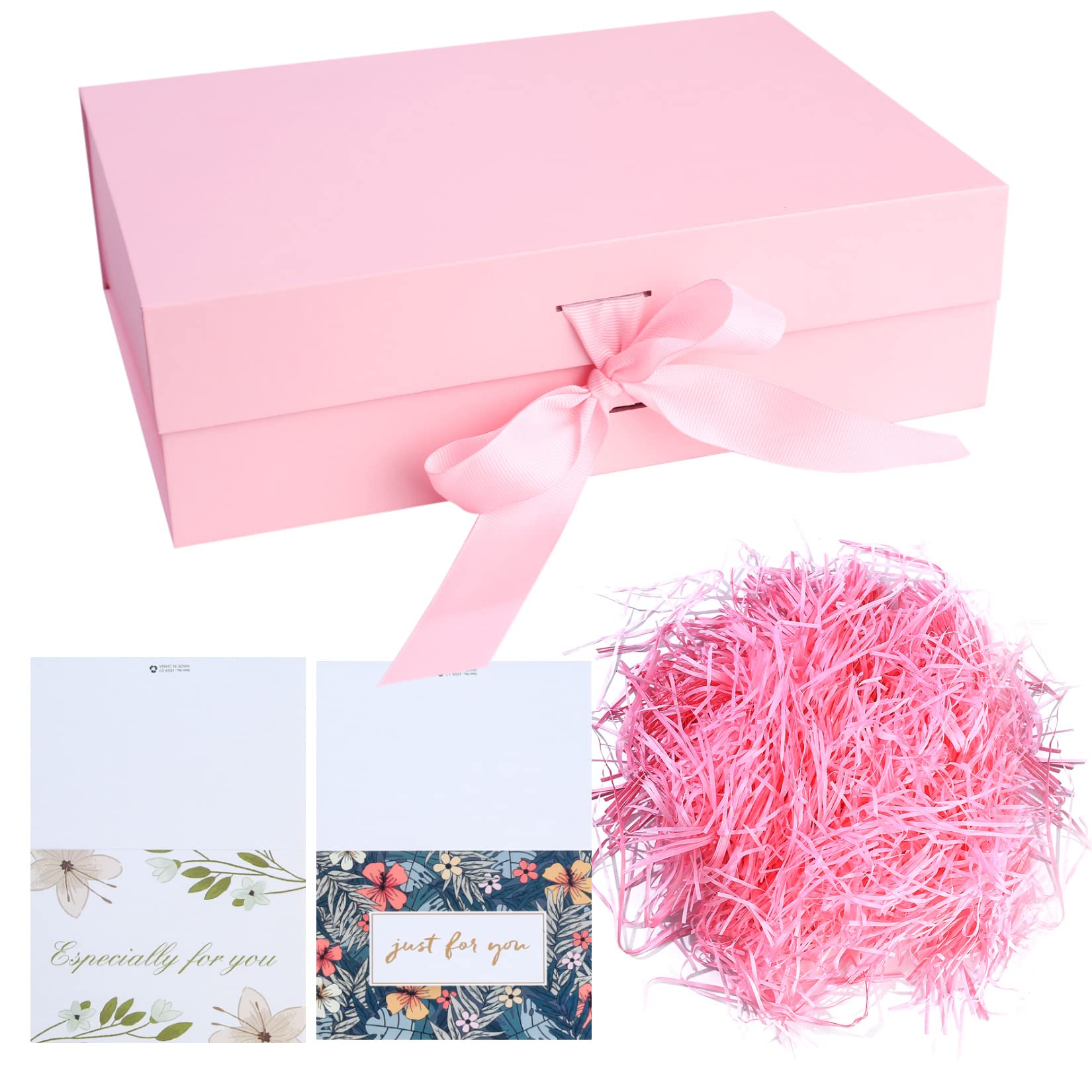 Christmas Pink Gift Box with Ribbon, Luxury Magnetic Present Box with Lid, Large Rectangle Gift Packaging 26x19x8 cm, Decorative Gift Box with Shredded Paper and Cards