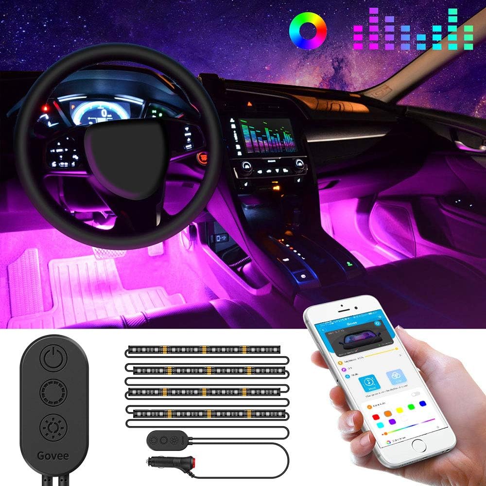 MINGER Unifilar Car LED Strip Light, 4pcs 48 LED APP Controller Car Interior Lights, Waterproof Multicolor Music Under Dash Lighting Kits for iPhone Android Smart Phone, Car Charger Included, DC 12V: Automotive