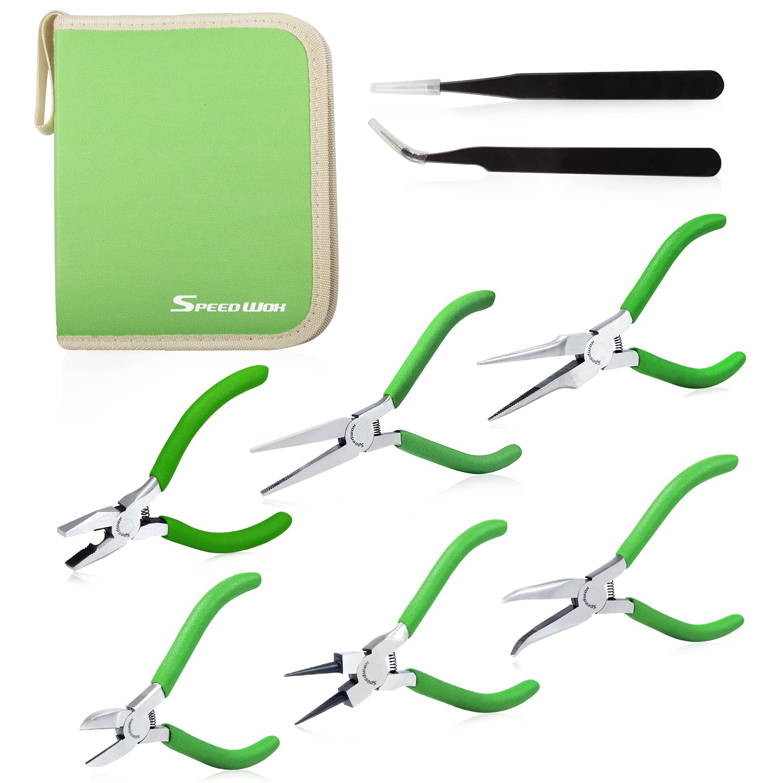 SPEEDWOX 6Pcs Mini Pliers Set with Case Include Flat Nose Pliers Round Nose Pliers Bent Nose Pliers Diagonal Pliers Lineman's Pliers Needle Nose Pliers with 2 Tweezers for Making Crafts, Repairing