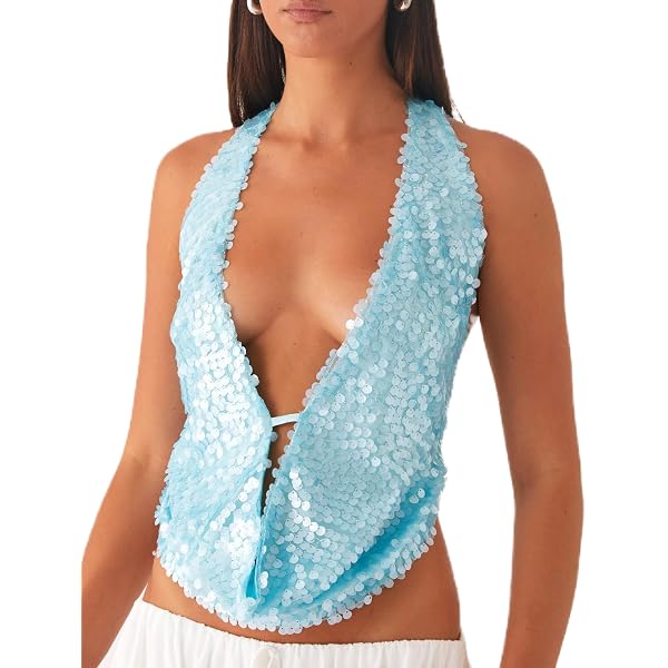 MakeMeChic Women's Draped Front Halter Crop Top - Tie Back, Open Back Ring Tank For Clubwear & Parties - View #3