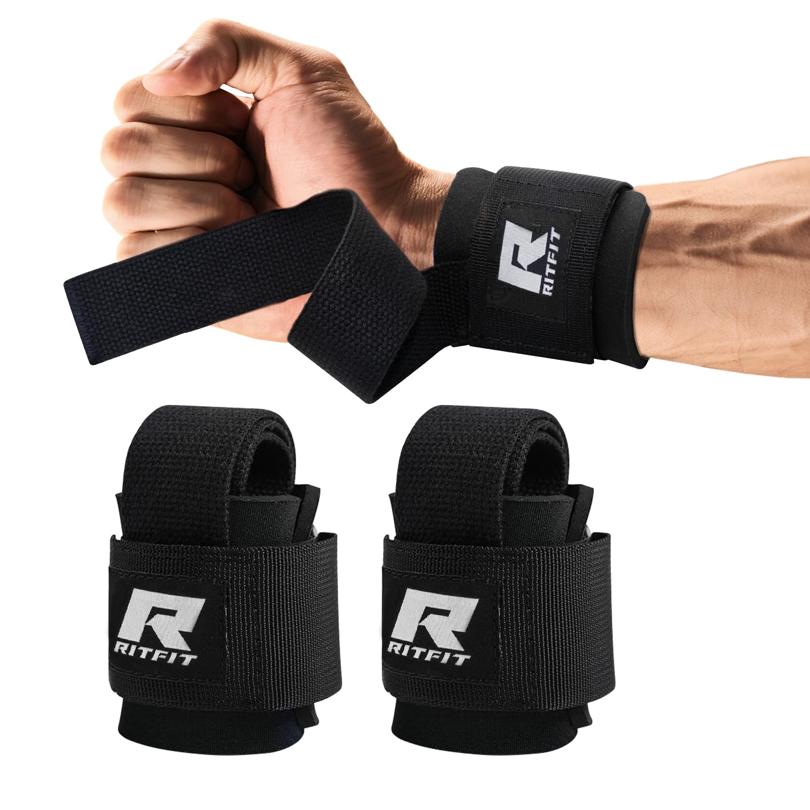 RitFit Lifting Straps + Wrist Protector For Weightlifting, CrossFit, Bodybuilding, MMA, Powerlifting, Strength Training - With Neoprene Padding ~ Men & Women - One Size Fits All (Black)