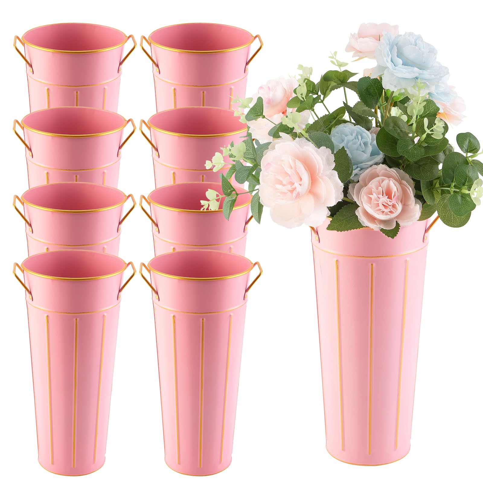 Photo 1 of 8 Pcs 11.8 Inch Tall Galvanized Flower Bar Buckets with Handles - Tin Metal Vase for Home Decor, Wedding Centerpiece, Table Decorations - Unbreakable Tall Vase for Fresh Flowers