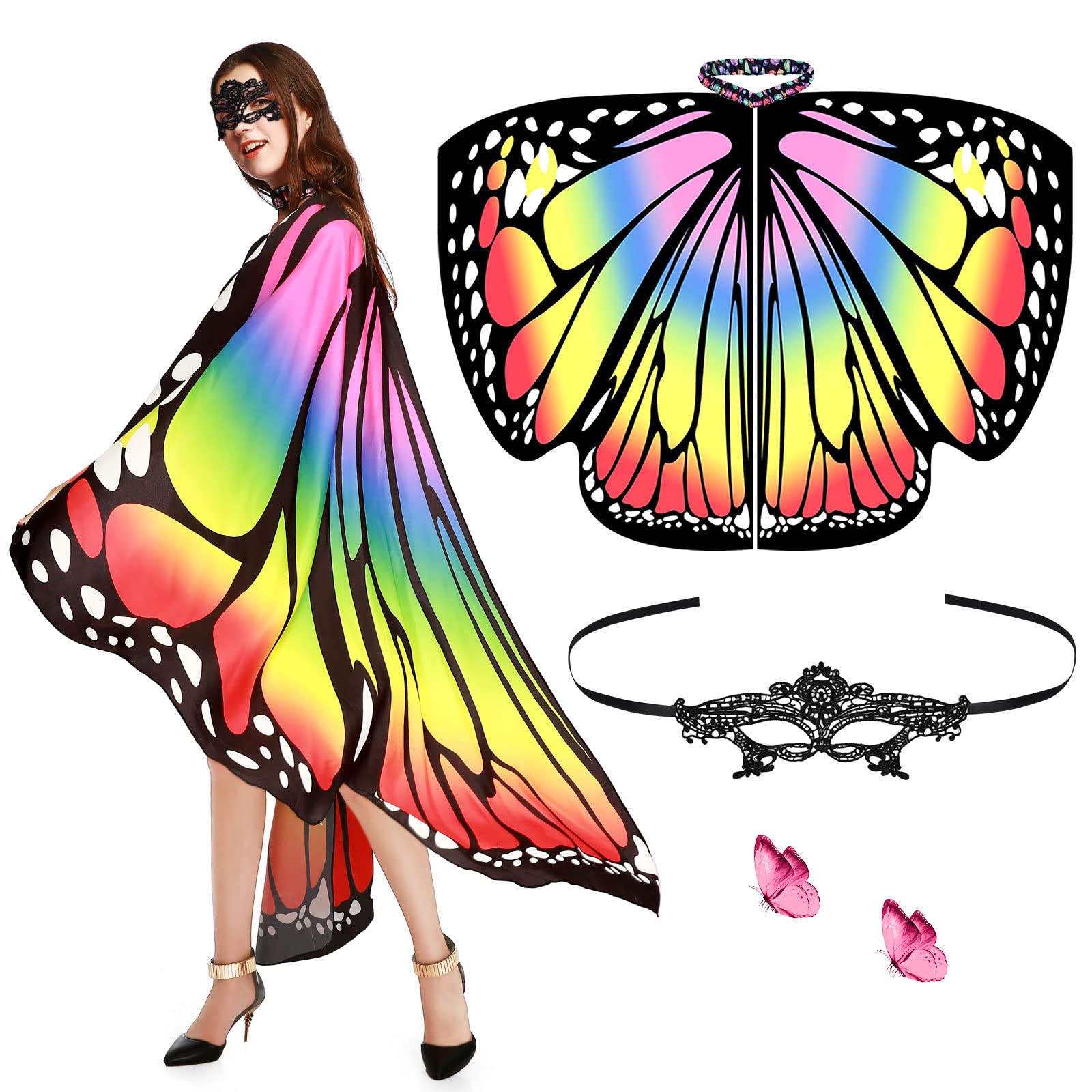 Aomig Womens Butterfly Wings Costume, Rainbow Butterfly Shawl Wings with Mask, Adult Fairy Pixie Cloak Butterfly Cape Wings Fancy Dress for Christmas Halloween Party Cosplay Dancing — image 1