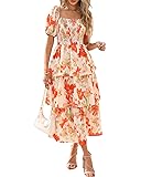 BTFBM Womens Square Neck Smocked Dress Summer Puff